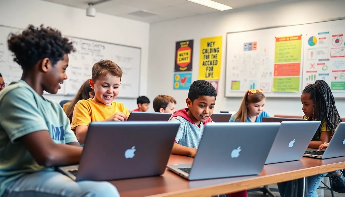 children collaborating on coding projects in a modern classroom.