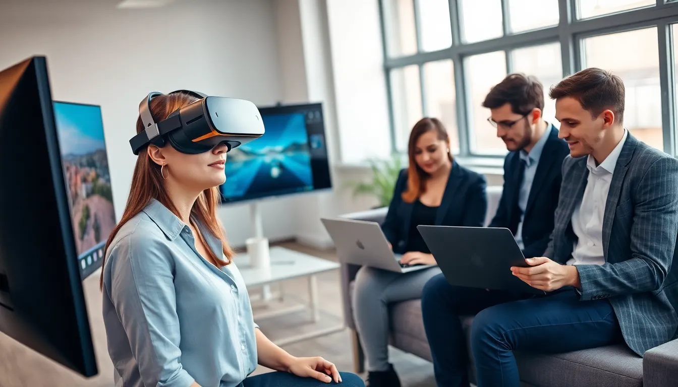 diverse team collaborating on virtual reality development in a modern office.