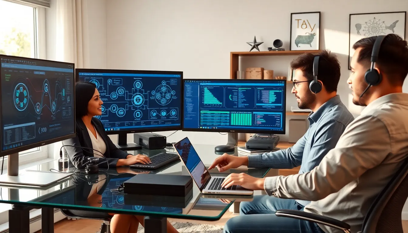 diverse IT professionals collaborating in a modern home office.