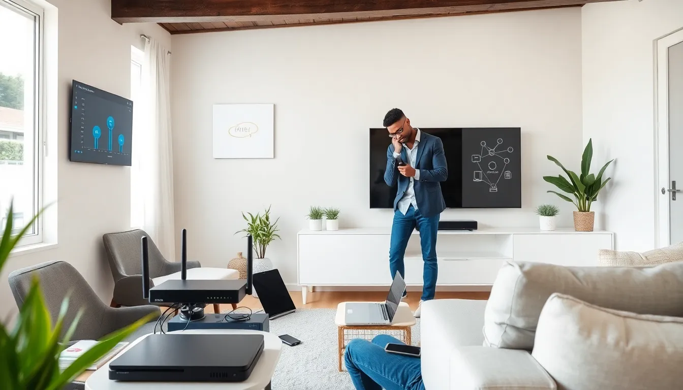 technician installing home networking equipment in a modern living room.