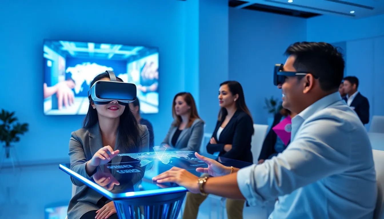 diverse professionals engaged in a virtual reality event in a modern workspace.