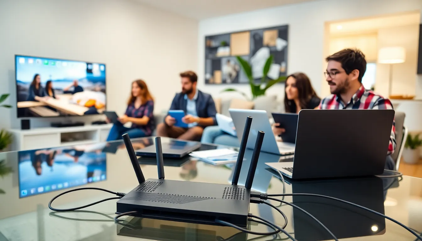 family using various devices in a modern home networking setup.