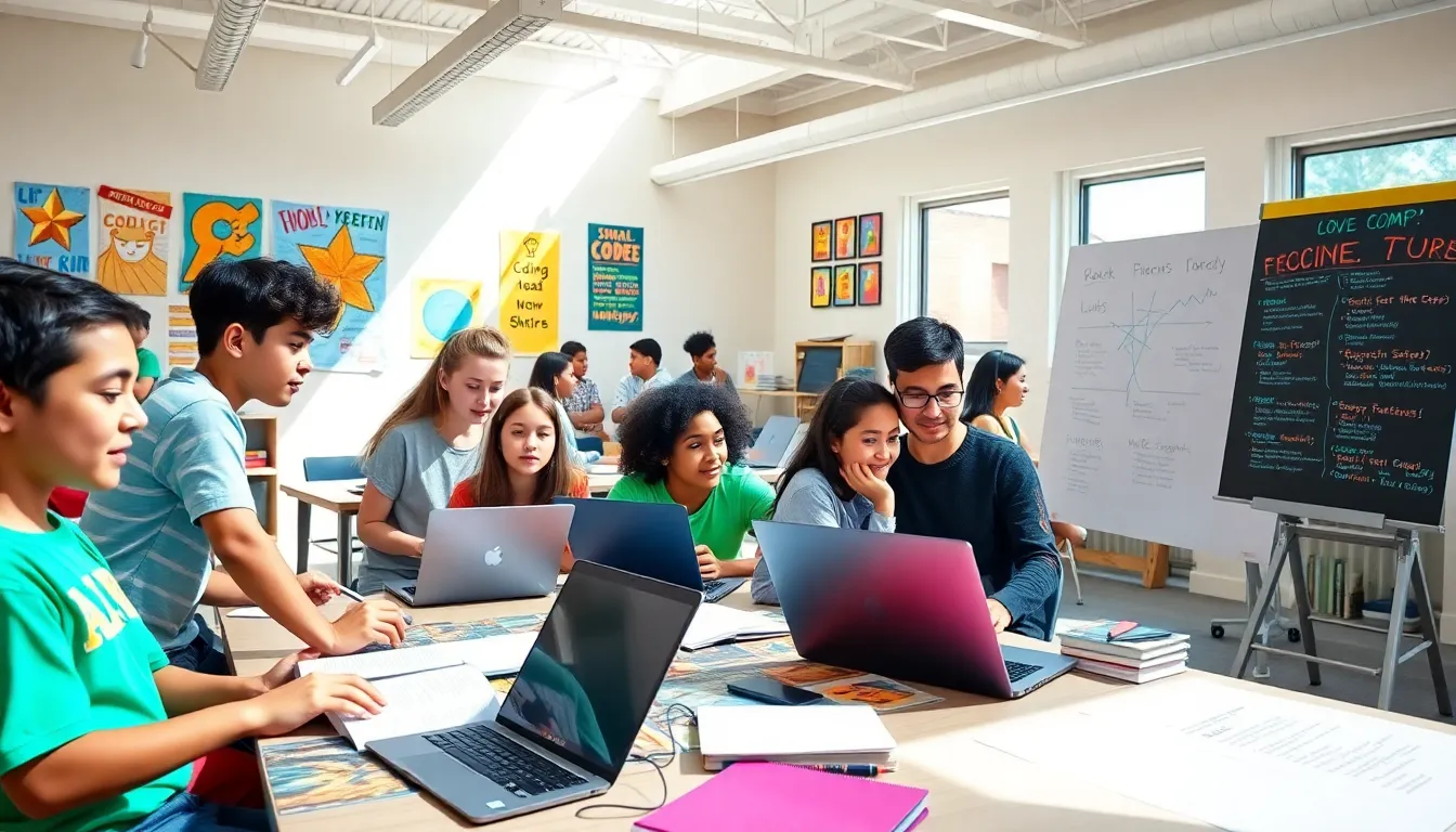 diverse students collaborating during a summer coding camp.
