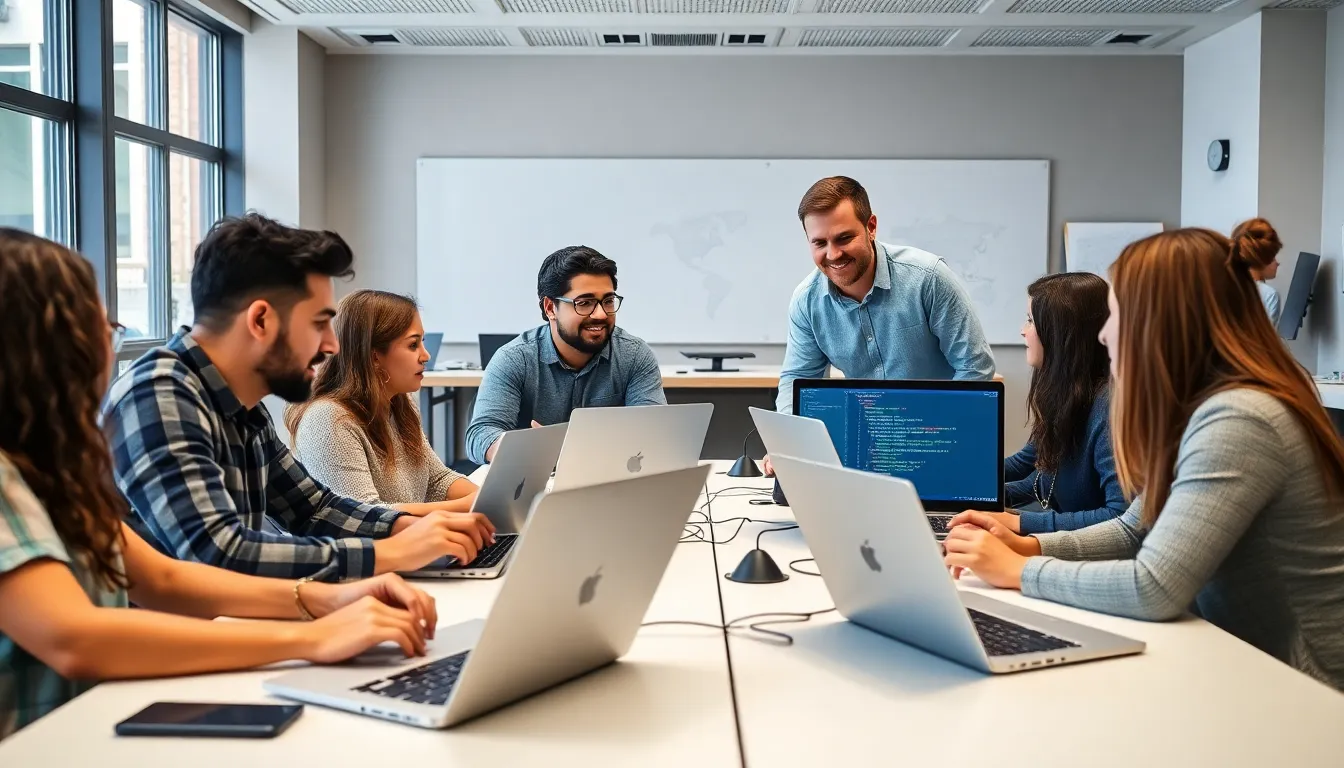 diverse students collaborating in a modern Python coding bootcamp.