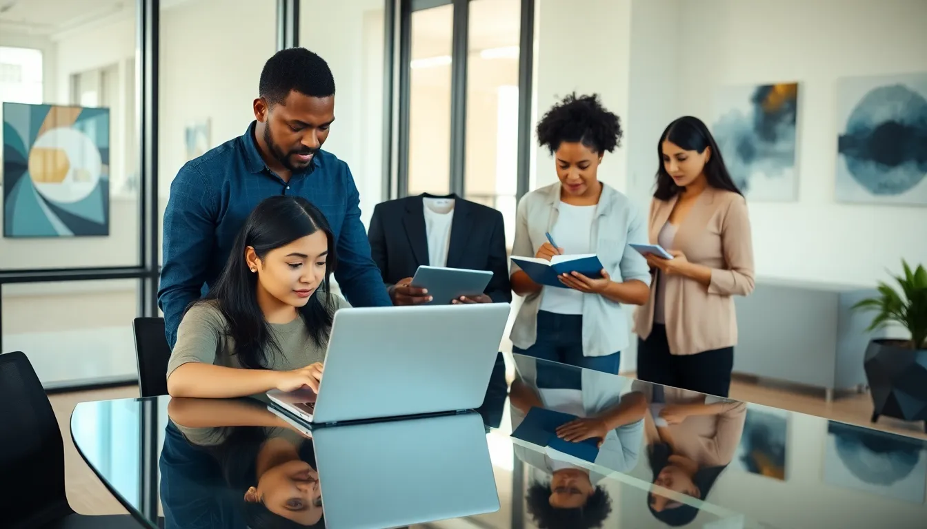 diverse team collaborating on coding projects in a modern workspace.