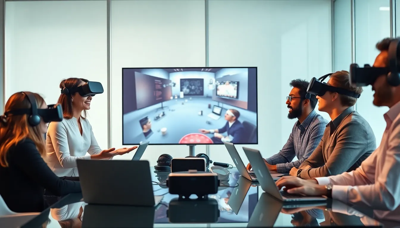 diverse team collaborating on virtual reality projects in a modern office.