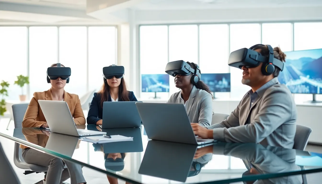 professionals using virtual reality headsets in a modern office setting.